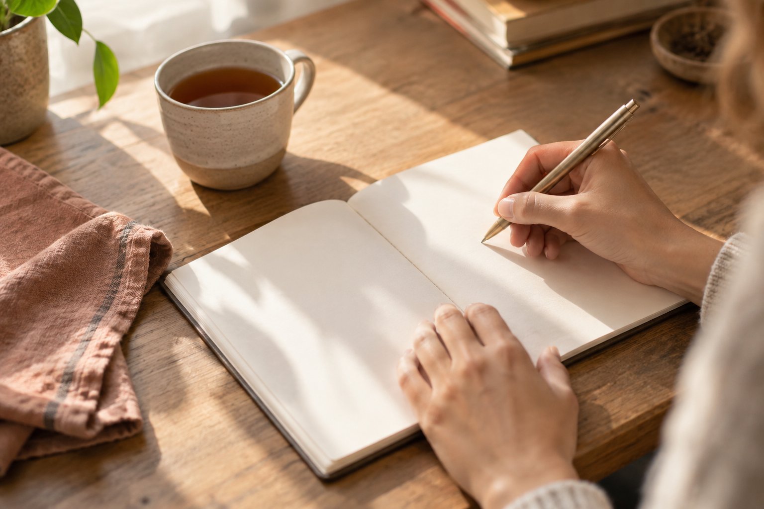 木の机の上で、ノートに書き込む人の手元